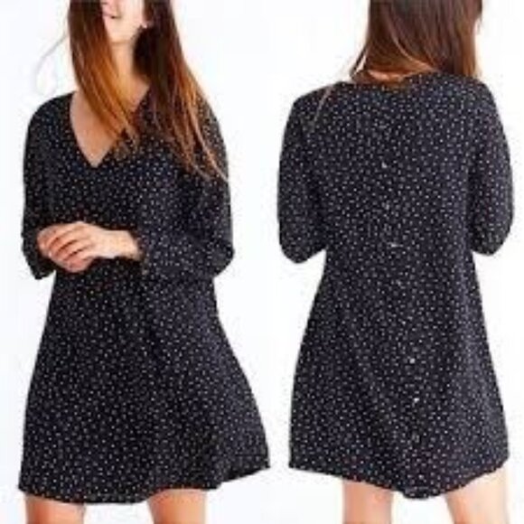 Madewell Black Star Scatter Silk V-Neck Button-Back Long Sleeve Dress Size Large - Picture 1 of 16